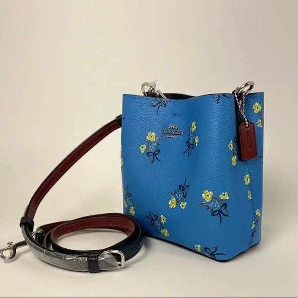 COACH Mini Town Bucket Crossbody Bag Floral Bow Print Blue Handbag New - Picture 2 of 11